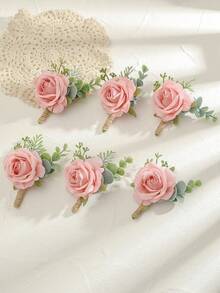 1pc/6pcs Pink Princess Rose Corsage With White Baby's Breath And Artificial Greenery, Romantic Men's Boutonniere, Suitable For Wedding Decor, Party, Daily Wear, Valentine's Day Accessory - Flesh Pink - View 4