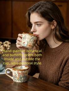 Vintage Farmhouse Floral Butterfly Ceramic Mug, 4 Styles Retro Botanical Print Handmade Wavy Edge Porcelain Coffee Cup, Brown Drip Glaze Rim Heat-Insulated Cup, Suitable For Home Kitchen Office, Women Birthday Holiday Gift - Multicolor - View 3
