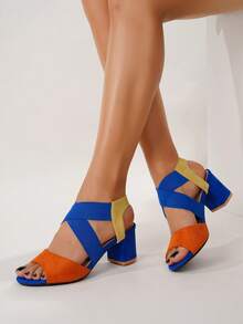 Fashionable Chunky Heel Elastic Band Sandals, Peep Toe High Heel Sandals For Spring And Summer - Multicolor - View 7