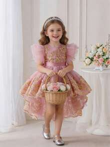 Girls' Elegant Flutter Sleeve Gold Thread Embroidered Train Dress, Puff Skirt Party Dress, Wedding Flower Girl Dress, Evening Gown - Pink - View 4