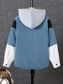 Boys' Fashion Casual 3-Section Color Block Black & White Contrast Hooded Single-Breasted Long Sleeve Jacket, Spring/Autumn - Multicolor - View 2