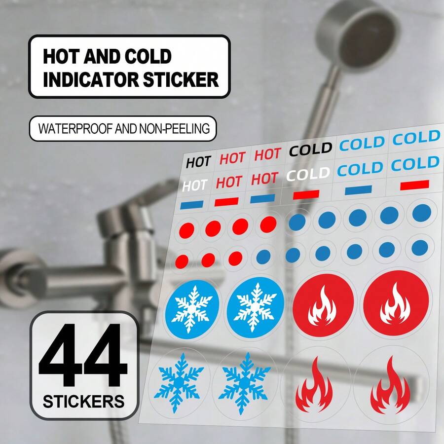 44pcs/Set Hot And Cold Indicator Sticker, Temperature Color Marking With Flame And Snowflake Design, Instantly Distinguish HOT/COLD, Self-Adhesive And Non-Detachable, High-Temperature Resistant. Suitable For Faucets, - View 1