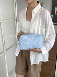 時尚多用途絎縫刺繡格紋加厚化妝包 學生鉛筆袋 波點圖案 休閒手提包 保暖羽絨填充小包 - 藍色 - 查看 9
