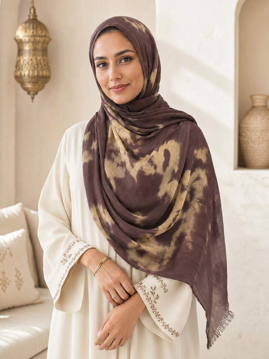 Hijab Syal Viscose Modal Berkerut Ombre Dua Warna, Selendang Panjang Lembut dan Ringan dengan Hiasan Rumbai untuk Gaya Abaya - coklat coklat - View 1