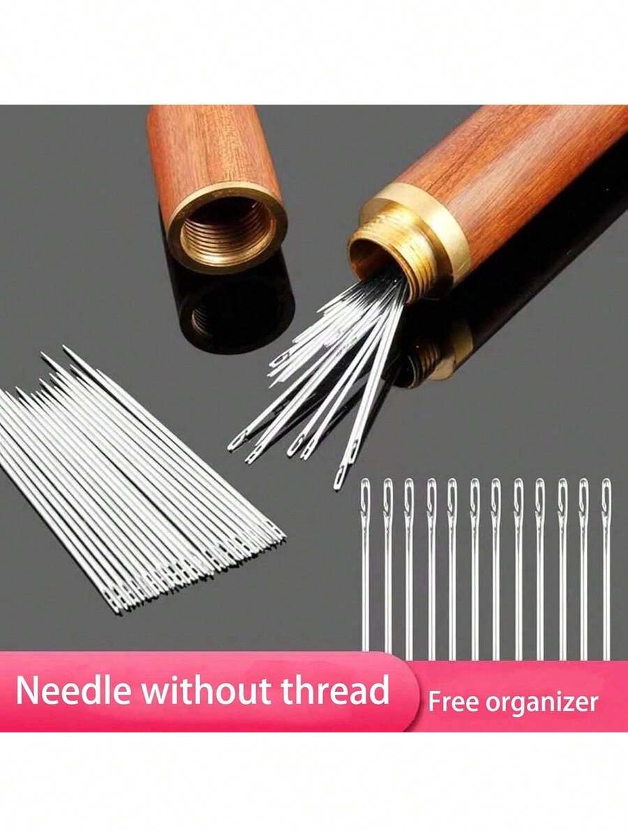 EDCUEBE7 12pcs No-Threading Hand Sewing Needles, No-Piercing Sewing Needles, 3 Sizes, With Wooden Needle Box. Suitable For Beginners. Convenient And Portable Sewing Tools
