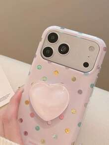 INS Aesthetic Gilded Colorful Polka Dot Heart Stand Phone Case Compatible With Apple 17 Pro Max, 16 Pro, New 15, Women's 14, Korean Style Soft Pink, Full Coverage Hard Shell, Niche Design, 18 Pro Max, 18 - Pink - View 3