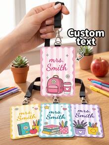 1pc Customized Personalized Teacher Leather ID Badge Holder, Teacher School Lanyard Accessory, Back To School Teacher Gift, Customized ID Badge Holder School Supplies Theme, Personalized Gift - Multicolor - View 2