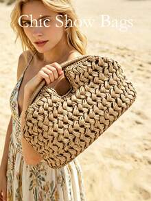 2026 New Natural Fiber Clutch, Handwoven Raffia Summer Beach Bag, Brown Color, For Women, Straw Bag - Ginger - View 1