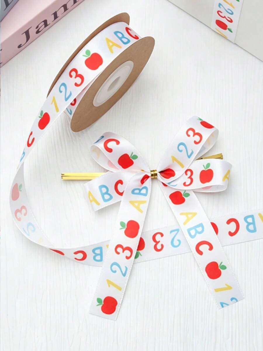 9m-1pc-School Start-Up Gift Wrapping Ribbon, Apple Letter Pattern Ribbon, Back-To-School Gift Wrapping, Suitable For School Start-Up Parties, Back-To-School Gift Wrapping, Back-To-School Supplies, Holiday Parties, Campus Seasons, Birthday Decorations - Multicolor - View 1