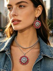 Western Vintage Cowboy Style Classic Long Horn Bull Head Embossed Necklace And Earrings, Retro Distressed Silver Carved Pattern With Scrollwork, Iconic American Western Texas Cowboy Totem Symbolizing Wild And Free Ranch Style - Western Cowboy Style - View 2