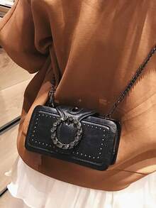 Women's Crossbody Bag, Rectangular Rivet Design, Faux Leather Crystal Buckle, Vintage Style, Casual Daily Party - Black - View 2