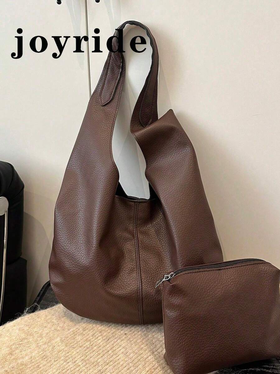 Women's Solid Color PU Leather Fashion Large Capacity Shoulder Bag, Tote - Coffee - View 1