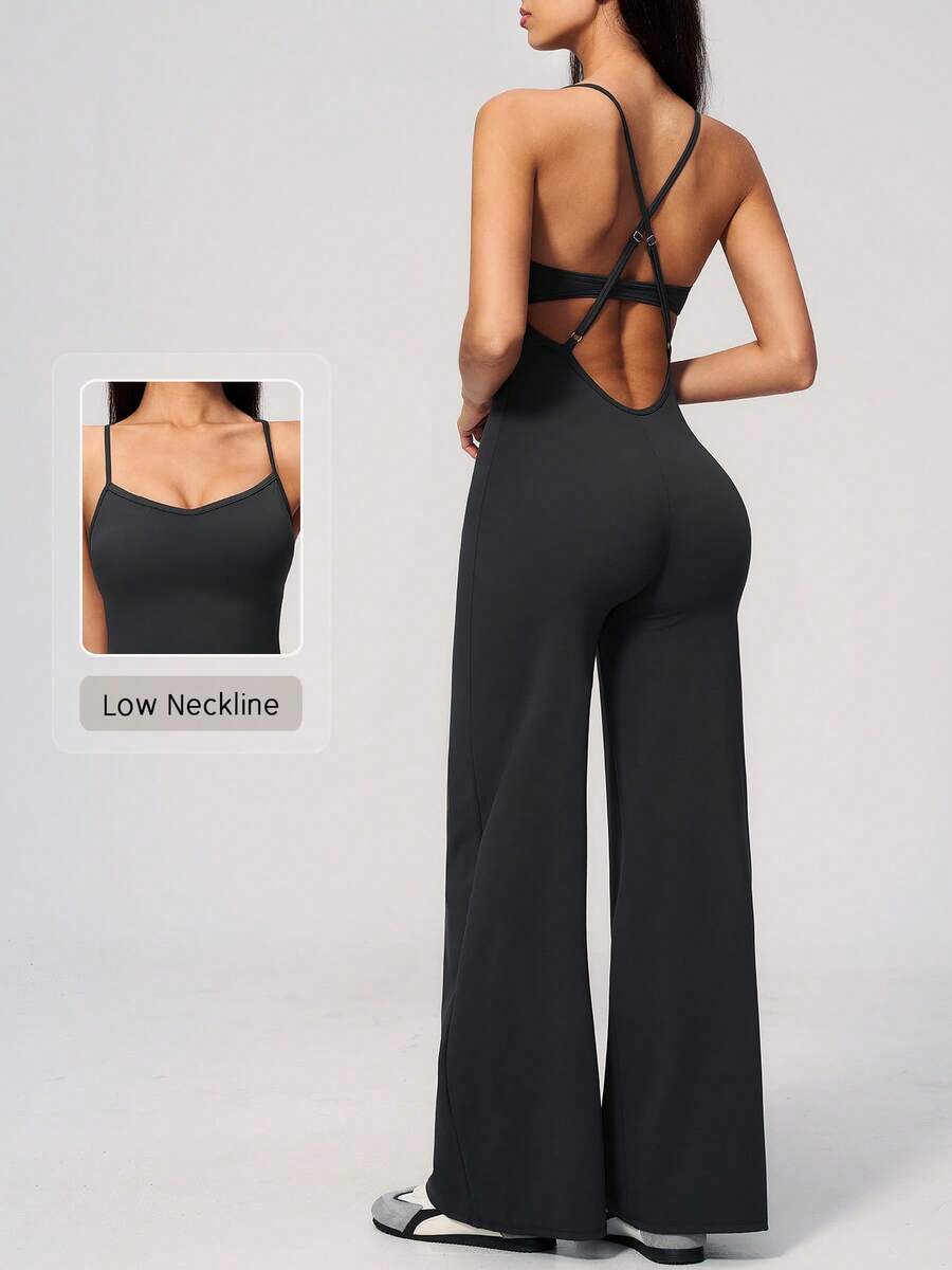 NcmRyu Women's 1pc Solid Color Spaghetti Strap Criss-Cross Adjustable Back Straight Leg Jumpsuit - Black - View 1
