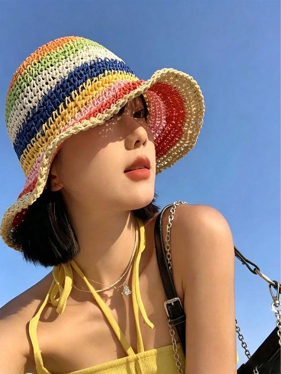1件女款彩色編織水桶帽,附珍珠髮箍繩,透氣防曬夏季帽,韓系時尚,適合旅行與日常生活,禮物 - 彩色 - 查看 1