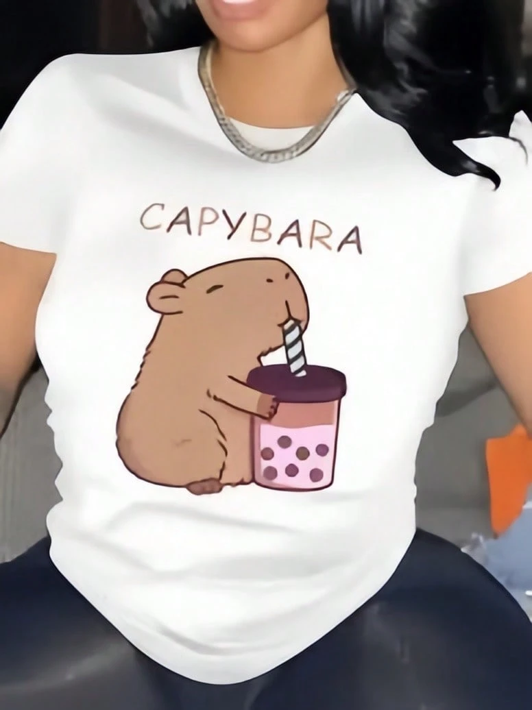 Women's Casual, Creative And Cute Capybara Graphic Pattern T-Shirt, Short-Sleeved, Basic And Stylish - 白色8 - 查看 1