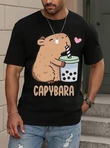 Women's Casual, Creative And Cute Capybara Graphic Pattern T-Shirt, Short-Sleeved, Basic And Stylish - 黑色2 - 查看 11