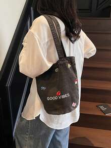 復古丹寧圖案刺繡花卉百搭單肩包 學生便當包 水桶包 可愛腋下水桶包 女款 - 黑色 - 查看 4