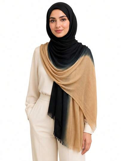 Women's Hand Tie-Dye Contrast Gradient Hijab Scarf, Soft Lightweight Breathable Oversized Headscarf Shawl Wrap For Muslim Women, Vintage Boho Scarf
