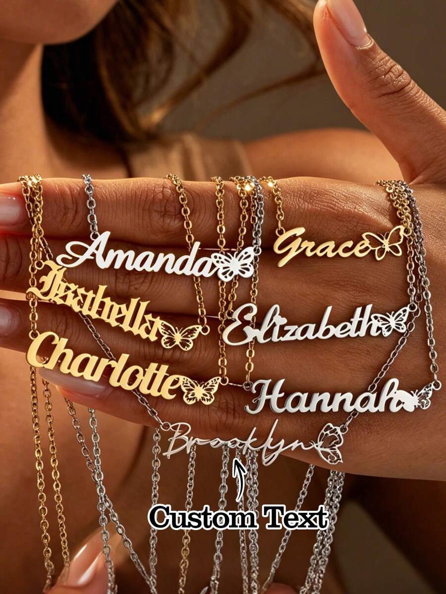 1 pieza Collar personalizado con nombre en cursiva y mariposa, cadena delicada de acero inoxidable chapado en oro, plata y oro rosa para mujeres - Plateado - Ver 1