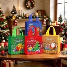 CARRIECUR Knit Pattern Christmas Reusable Non-Woven Tote Gift Bags, 4 Designs Santa Xmas Tree Gingerbread Gift Box Print Multicolor Handle Goodie Bags For Christmas Gift Wrapping, Xmas Party Favors, Winter Birthday & Retail Holiday Packaging Supplies - View 2