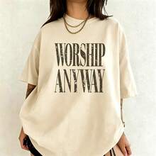 Wedding Season , Festival Essential, Worship Anyway Distressed Vintage Christian Faith Inspired Lightweight T-Shirt, Beach  Summer Outfits, Casual - 杏色 - 查看 2