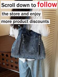 Tas Tote Jeans Cuci Kasual Chic Baru, Gaya Vintage, Kapasitas Besar, Tas Bahu Tunggal dengan Tali yang Dapat Dilepas dan Banyak Kantong, Tas Selempang - Biru - View 3