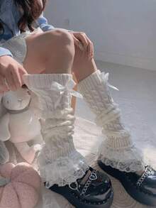 1双女士腿套，蕾丝袜，可爱袜子，洛丽塔风格蕾丝边踝袜，卡哇伊蝴蝶结毛绒腿套，蝴蝶结蕾丝边踝袜，情人节礼物，白色袜子，过膝袜，荷叶边袜，毛绒袜，堆堆袜，情人节 - 白色蝴蝶結小腿襪 - 查看 2