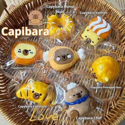 1PC Cute Capybara Food Series Slow Rebound Squeeze Stress Relief Toy, Donut, Salmon, Chicken Leg, Croissant, Pineapple Bun, Chef Capybara Design Sensory Toy, Portable Handheld Anxiety Relief Keychain, Soft High Elasticity Stress Relief Desk Ornament, Suitable For Office Workers, Teenagers, Friends And Colleagues, As Birthday, Graduation, Independence Day, Halloween, Christmas, Thanksgiving, Valentine's Day, New Year And Various Holiday Party Gifts.