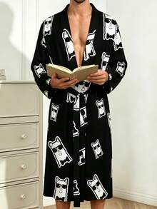 Men's Long Sleeve Cartoon Alpaca With Fashion Glasses Comfortable Unisex Robe With Belt - Multicolor - View 5