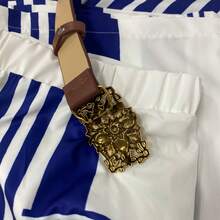 Women's Striped Co-Ord Set Business Casual Woman, Long Sleeve Top & Belted Wide-Leg Pants, Elegant Outfit For Business & Daily Wear (Belt Included) - Blue - View 8