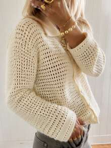 Women's Crochet Knitted Cardigan With Collar And Long Sleeves, Button Front Casual Fall Top - Apricot - View 5