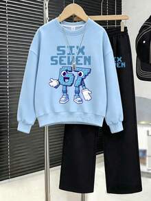 Big Boys Fun Building Block Number 67 Print Crew Neck Sweatshirt & Pants Set, Autumn/Winter Fashion Comfortable New Style - Multicolor - View 3