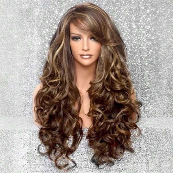 26inch ---- Hot Item: Golden Brown Mixed Color Fluffy Small Curly Body Wave Long Curly Wig With Bangs, Gradient Long Curly Wig With Middle Part, No Bangs, Natural Matte Light Brown Mixed With Golden, Long Curly Wig With Bangs, Suitable For Daily Wear
