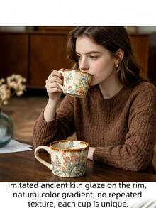 Vintage Farmhouse Floral Butterfly Ceramic Mug, 4 Styles Retro Botanical Print Handmade Wavy Edge Porcelain Coffee Cup, Brown Drip Glaze Rim Heat-Insulated Cup, Suitable For Home Kitchen Office, Women Birthday Holiday Gift - Multicolor - View 4