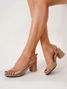 Sandal Wanita Model Low Vamp Peep-Toe Slingback dengan Gesper dan Hak Tebal, Kasual dan Serbaguna, Warna Aprikot, Motif Patchwork, Bagian Atas TPU Transparan. - Aprikot - View 6