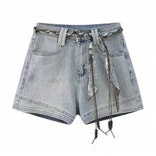 美式復古丹寧短褲 素色鈕扣短褲 日常約會海灘夏季穿搭 - 淺色水洗藍 - 查看 1