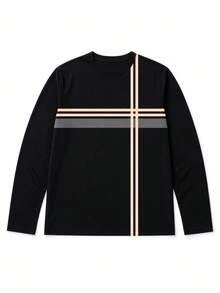 Men's Solid Color Base Premium Contrast Color Horizontal & Vertical Striped Casual Long Sleeve T-Shirt | Loose Fit Comfortable Top Versatile - Black - View 3
