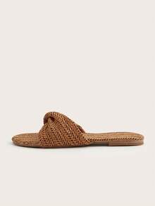 Brown Straw Woven Handmade Twisted Decor Flat Sandals For Women, Bohemian Style, Vacation Style, Daily Wear, Versatile, Random Twisted Direction And Pattern, Random Straw Woven Texture - Brown - View 4