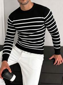 ZYNTH BALENO Men's Fashion Striped Crew Neck Long Sleeve Sweater, Suitable For Fitness, Workout, Sports, Black - Black - View 5