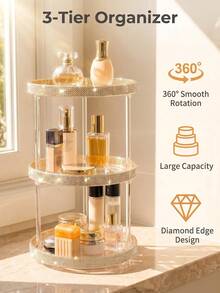 1 pieza Organizador de maquillaje multifuncional con decoración de diamantes de imitación y rotación de 360°, estante de almacenamiento de cosméticos con rotación de 360° y diamantes de imitación, organizador de tocador y cuidado de la piel de doble capa, bandeja de almacenamiento giratoria con diamantes de imitación rosa brillante y estilo femenino, organizador de escritorio de gran capacidad para cuidado de la piel, lápiz labial y maquillaje - Multicolor - Ver 4