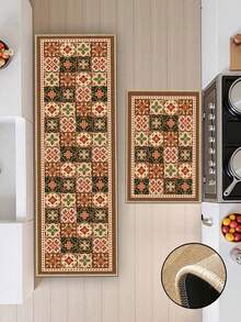 1pc European-Style Symmetrical Floral Tile Retro Kitchen Mat, Made Of 3.5 Mm Soft Rubber Material, Water-Absorbing Mat, Suitable For Use In Kitchens, Bathrooms, Living Rooms, Outdoor Door Mats, Kitchen Floor Mats, Home Decor Items, And Bathroom Mats. - Multicolor - View 1