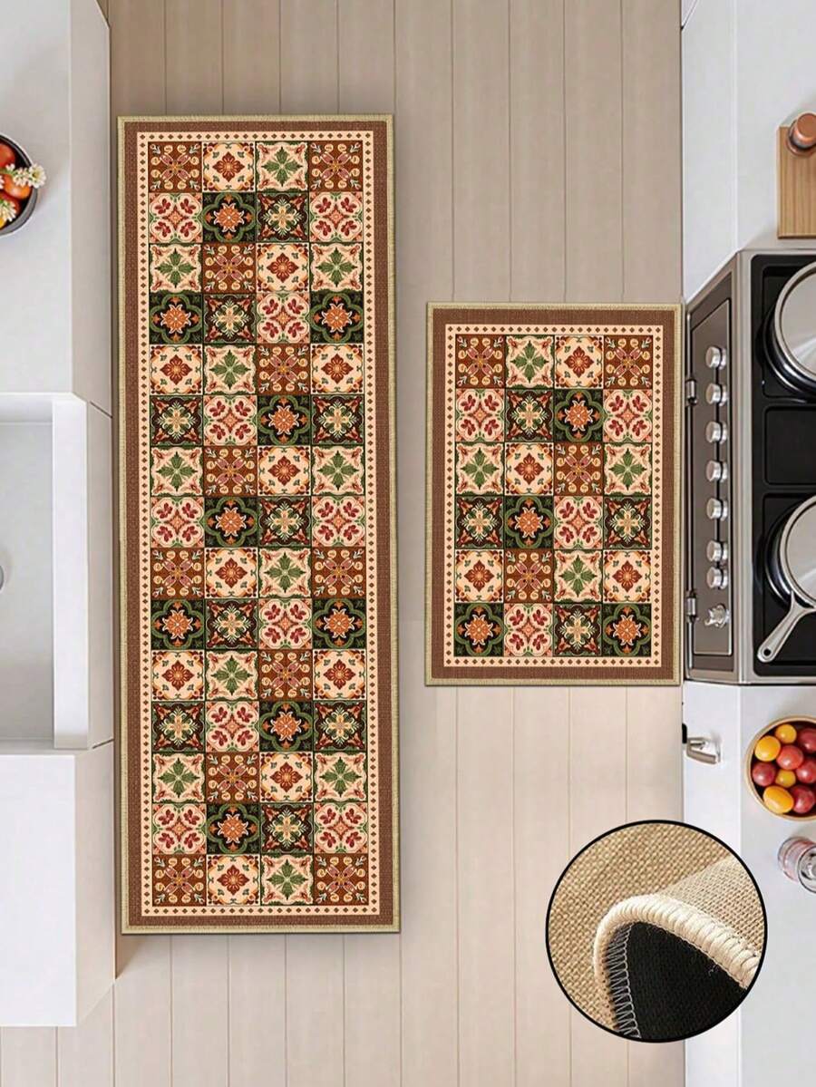 1pc European-Style Symmetrical Floral Tile Retro Kitchen Mat, Made Of 3.5 Mm Soft Rubber Material, Water-Absorbing Mat, Suitable For Use In Kitchens, Bathrooms, Living Rooms, Outdoor Door Mats, Kitchen Floor Mats, Home Decor Items, And Bathroom Mats. - Multicolor - View 1
