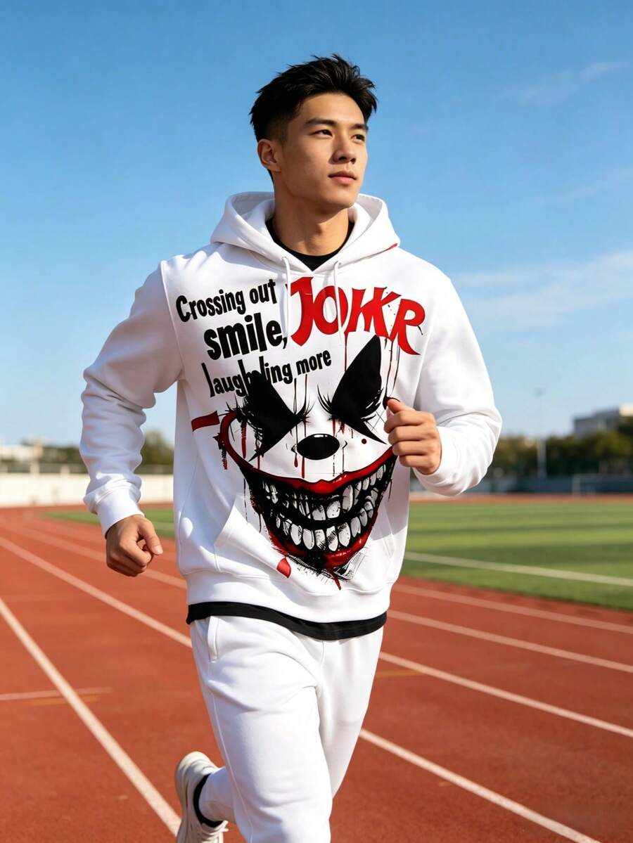 JUNQi 小丑恐怖印花深血牙齒圖案標語抽繩衛衣,輕量套頭衫,舒適嘻哈街頭休閒穿搭 - 彩色 - 查看 1