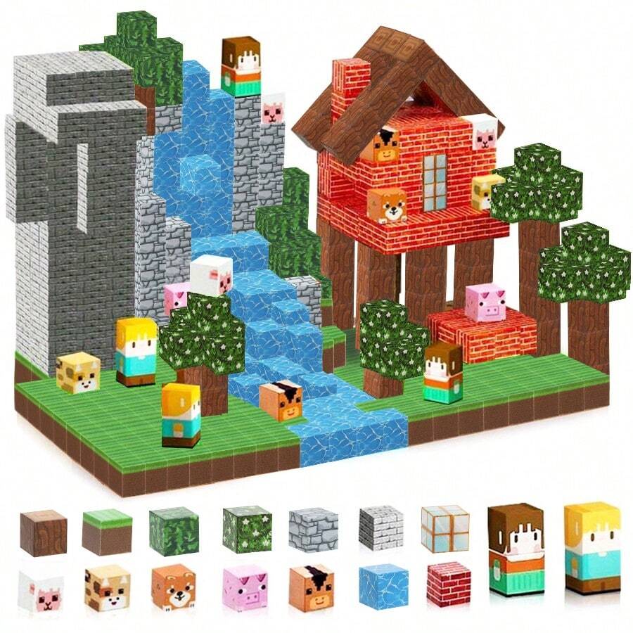 326件動物森林磁力堆疊方塊，磁力拼圖，方塊積木玩具，STEM玩具，創意3D建構組，蒙特梭利DIY拼圖方塊積木玩具與創意堆疊音樂玩具，磁力積木，磁力玩具（部分顏色隨機）