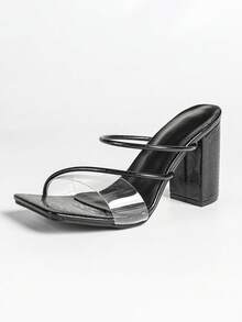 Women's Black Square Toe Chunky Heel Transparent Strap Sexy High Heel Sandals, Height-Enhancing Leg-Lengthening Fashion Versatile Comfortable Shoes - Black - View 4
