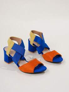 Fashionable Chunky Heel Elastic Band Sandals, Peep Toe High Heel Sandals For Spring And Summer - Multicolor - View 11