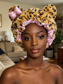 Women Cute Leopard Bear Ear Satin Lined Sleep Bonnet, Soft Plush Hair Wrap Cap For Curly Natural Hair Night Care - Multicolor 1pc - View 7