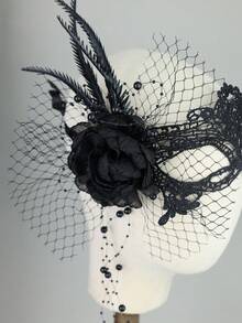 1pc Gothic Black Floral Feather Lace Mask With Beaded Tassels, Suitable For Halloween Costume Party - Black Flowers - View 8