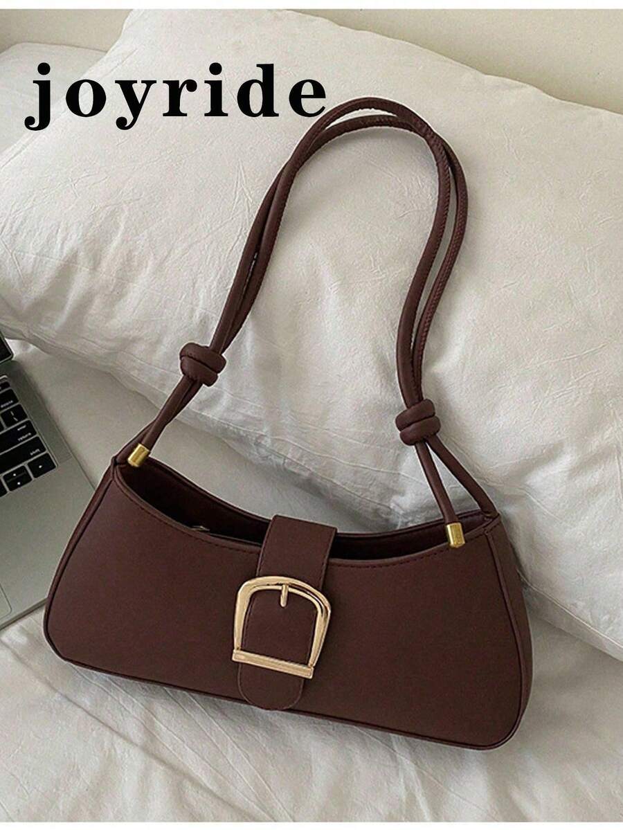 Bolso de hombro de piel de poliuretano con hebilla de color liso minimalista y versátil - Marrón - Ver 1