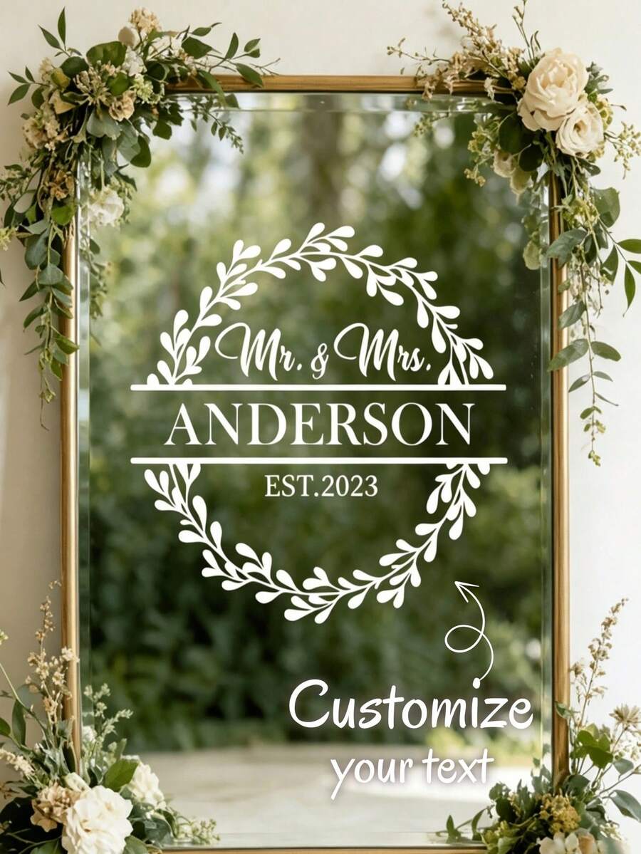 Customized Newlywed Wedding Mirror Decorative Stickers, Personalized Vinyl Stickers With Surname And Date Floral Wreath Design, Suitable For Wedding Reception Area, Ceremony Site, Welcome Sign, Bridal Shower Removable Decor - Multicolor - View 1